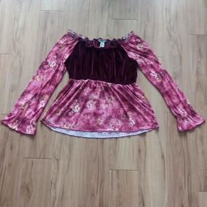 Y2K Red Floral Mesh Velvet Babydoll Fairy Blouse